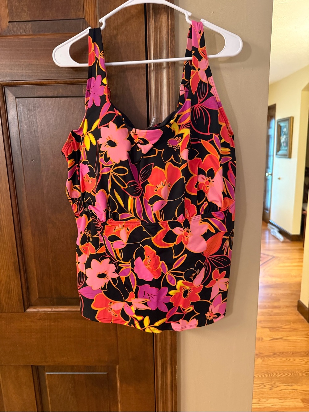 Lands' End Black Floral Swim Tankini Top with Pink & Yellow Blooms